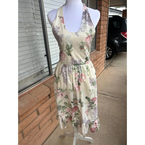 Dresses & Skirts - Vintage Floral Halter Apron Dress Pink Rose Ruffle Hem Cottagecore Prairie Small